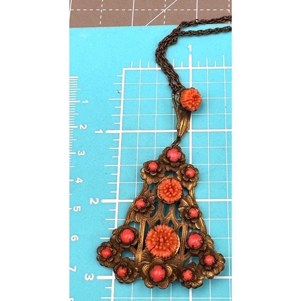 Czech Style Early Plastic Orange Color Flowers with Glass Beads Pendant Necklace